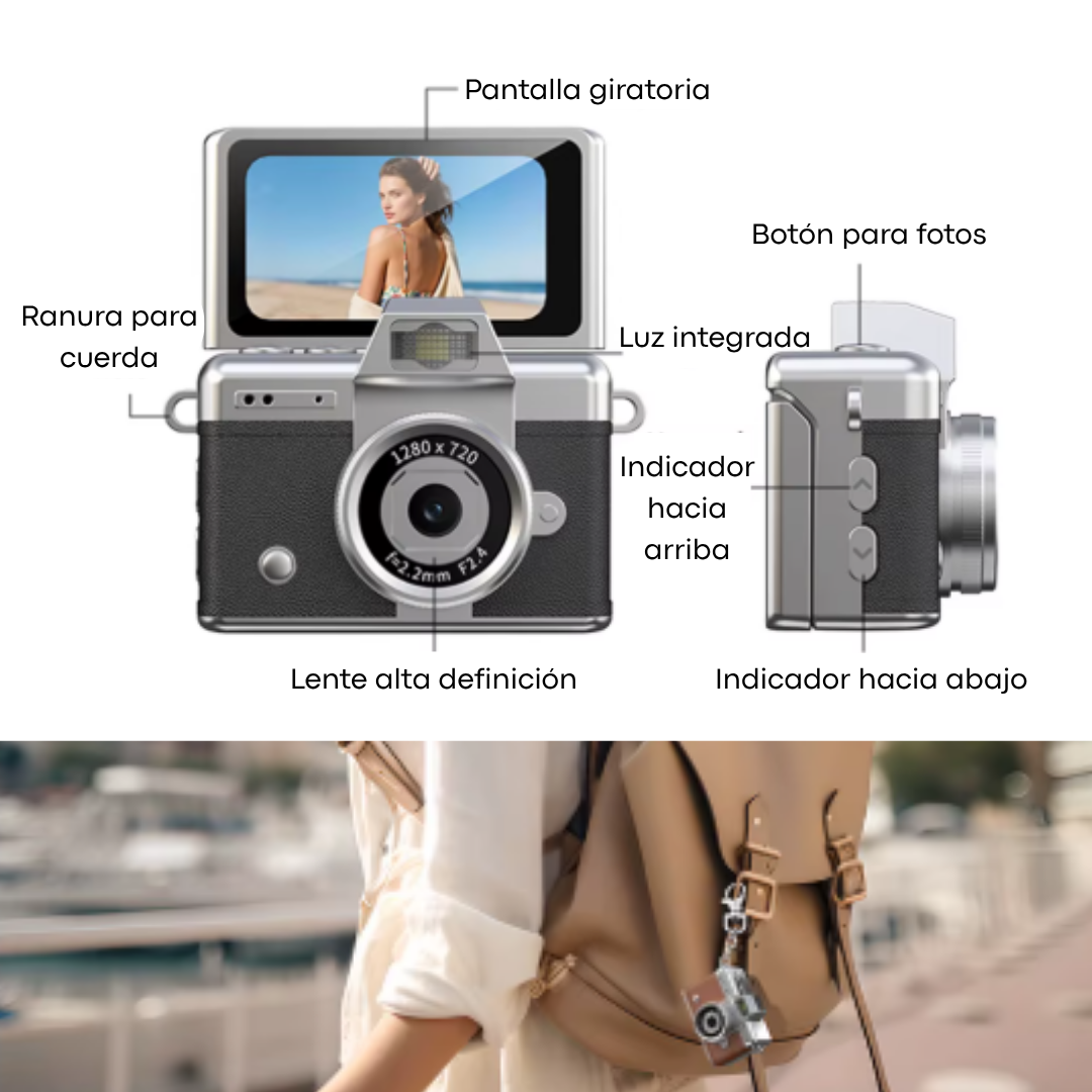 Mini cámara digital, con selfie 180º y filtros